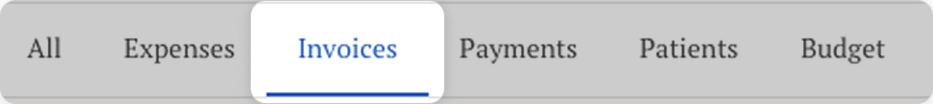 Report tabs: all, expenses, invoices, payments, patients, budget