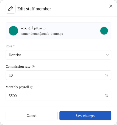 Edit staff member with commission rate and monthly payroll