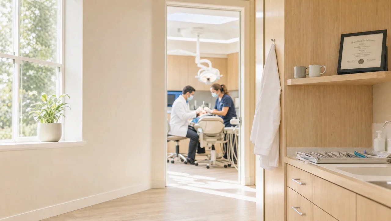 A dentist and an assistant treating a patient, seen through an open door