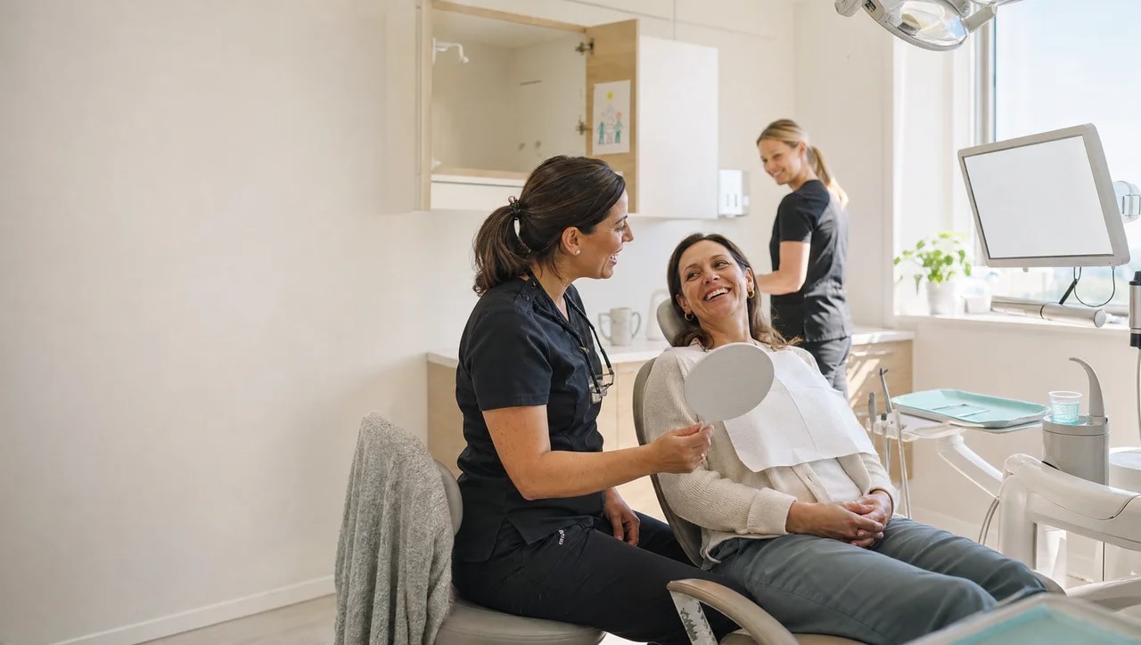 A dentist and a smiling patient holding a mirror
