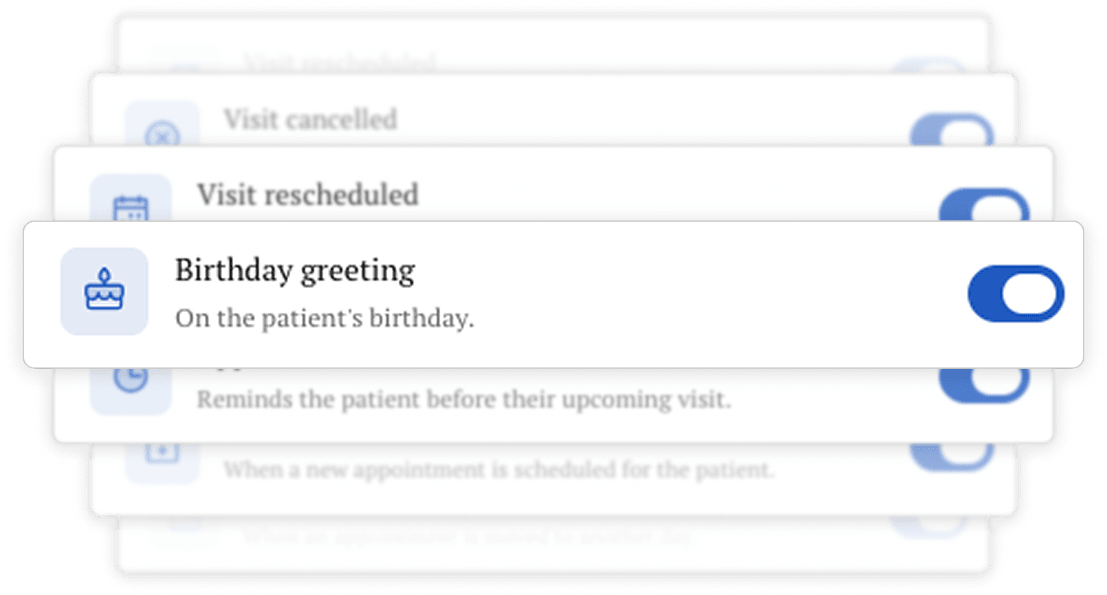 WhatsApp reminder settings: birthday greeting, visit rescheduled, visit cancelled