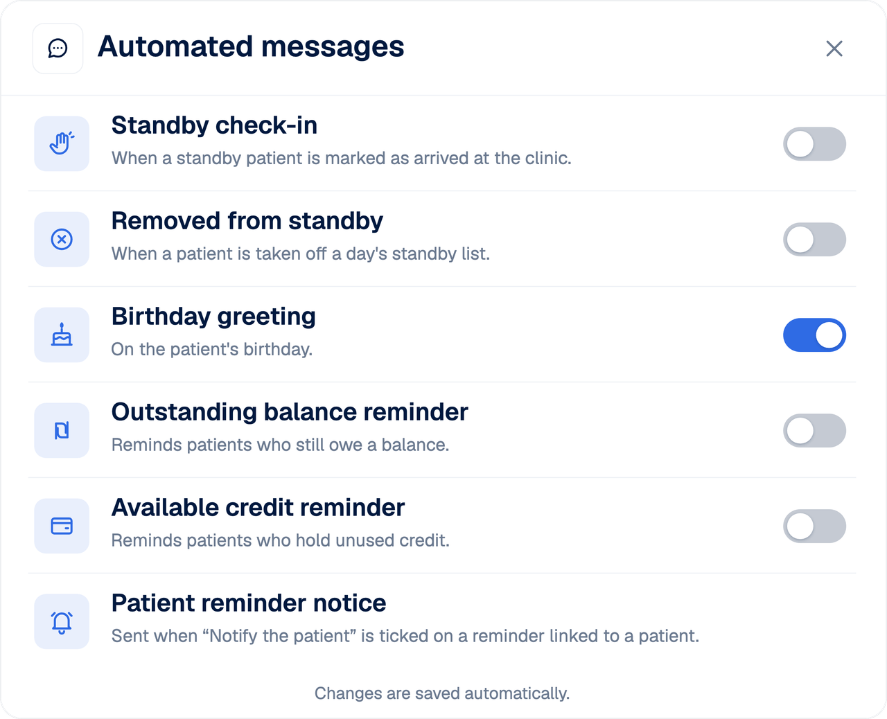 Automated messages, with the birthday greeting switched on
