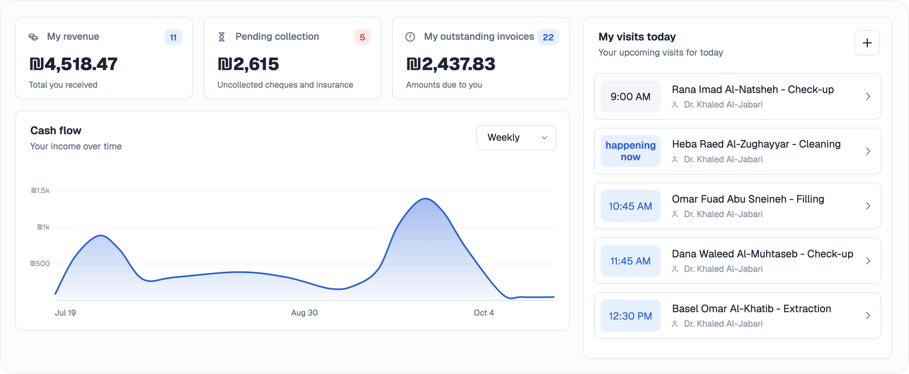 Naab clinic dashboard with visits, reminders and cash flow