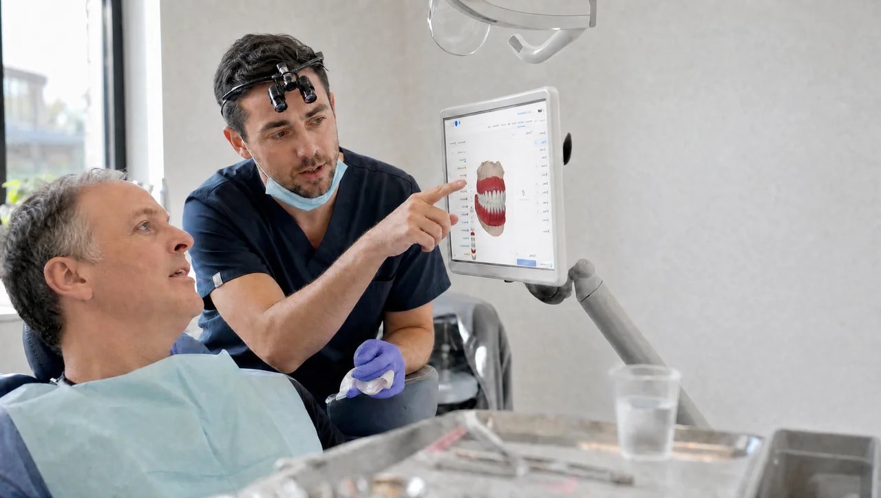 A dentist showing a patient their 3D chart on a screen
