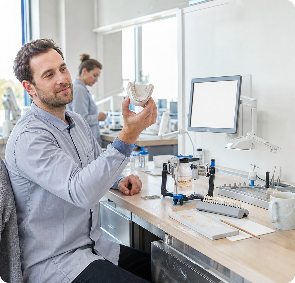 A lab technician inspecting a dental model