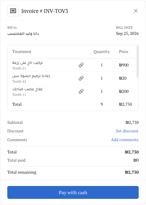 Invoice built from the treatment plan