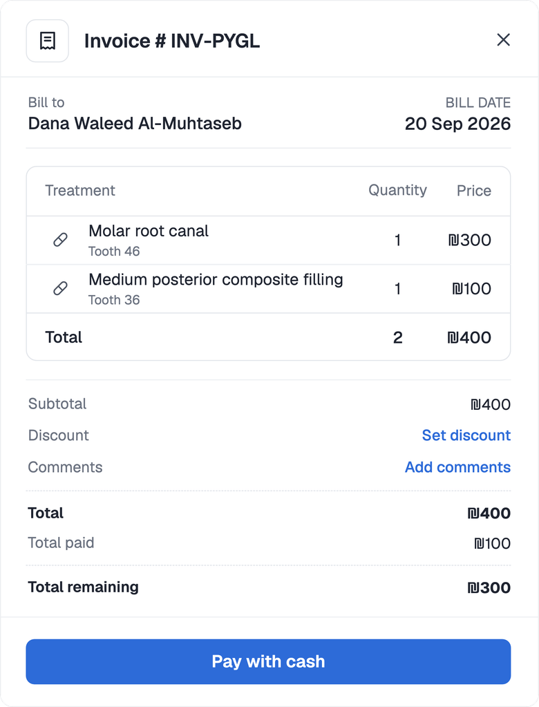 Invoice with its treatments, totals and Pay with cash