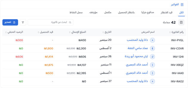 جدول الفواتير مع المجاميع