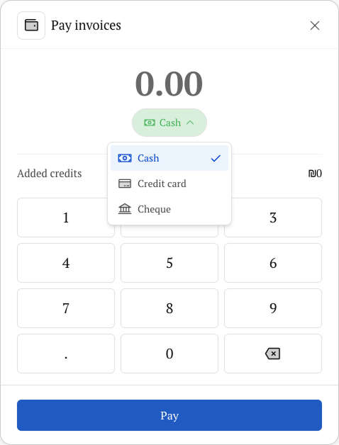 Pay invoices keypad with payment methods