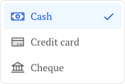 Payment methods: cash, credit card, cheque